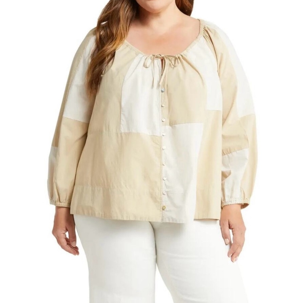 Madewell Beige White Colorblock Button Down Tie Front Blouse XS Minimal Cotton